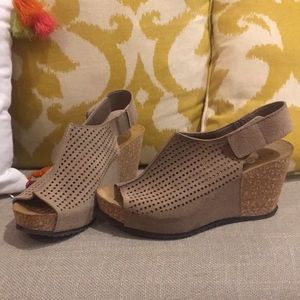 A. Giannetti light tan wedge sandals